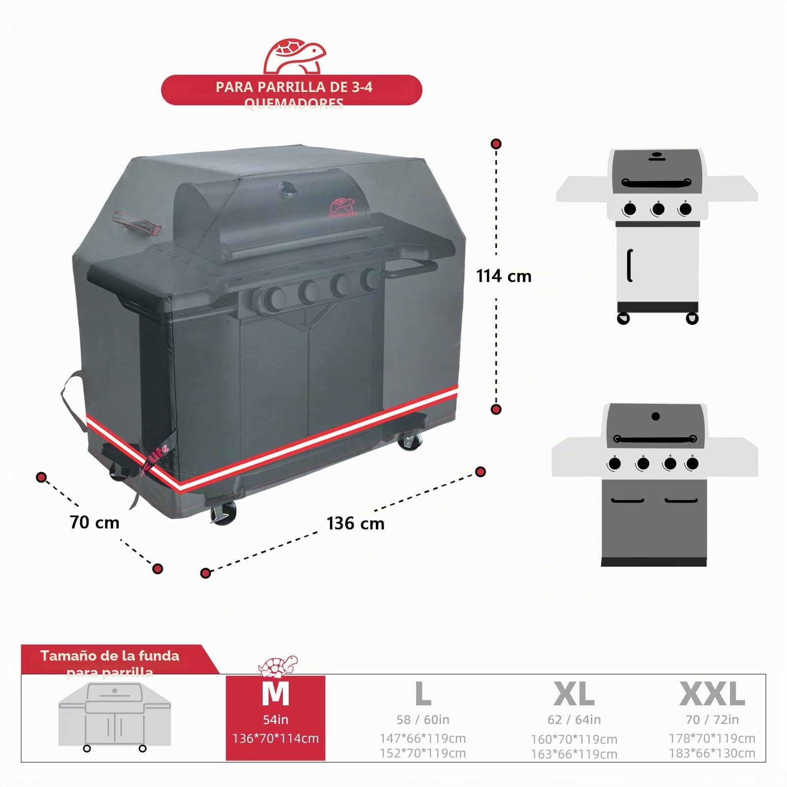 Turtle-Life Funda Barbacoa, Funda para Barbacoa Impermeable, Funda Barbacoa Exterior, Funda para BBQ de Gas de 3-4 quemadores, No se desvanece en 2 años, Negro 136x70x114CM