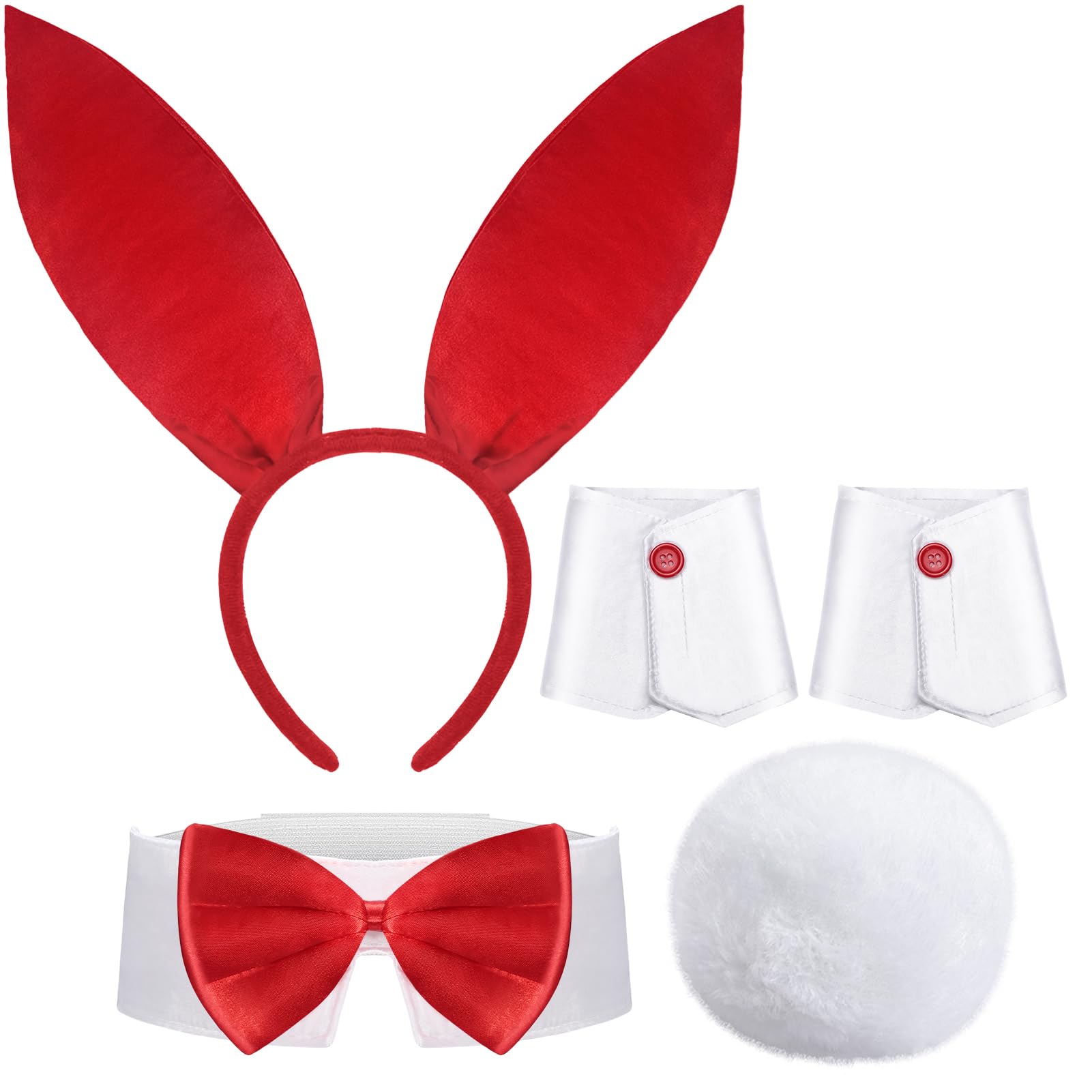 Women's Bunny Costume Set Rabbit Ear Headband Collar Bow Tie Costume Cuffs Rabbit Tail for Easter Party