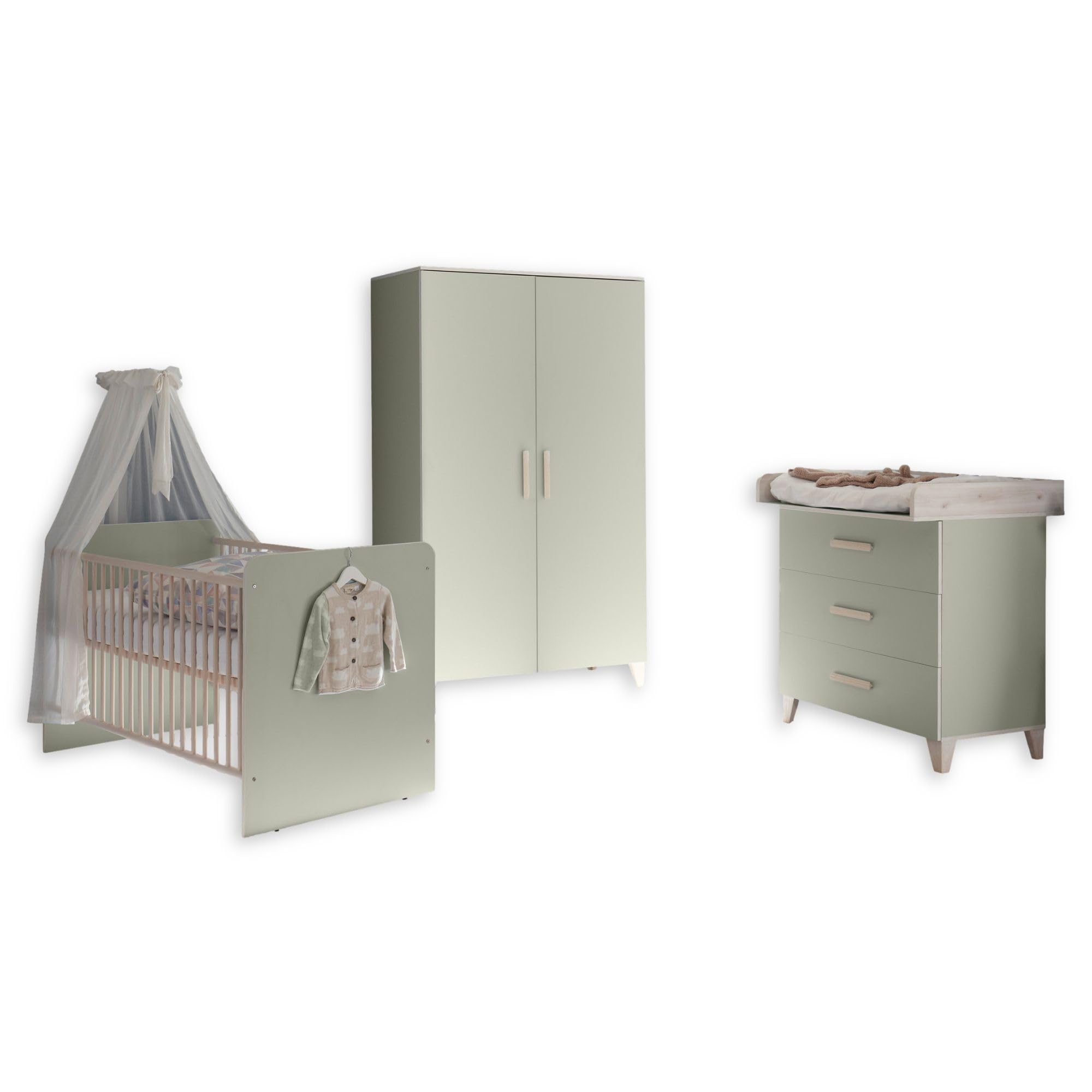 Stella Trading Prizzi Completo Color Verde Pastel/Aurum, Juego de Muebles para habitación de bebé de 3 Piezas Compuesto por Armario, Cuna y Cambiador, Madera, Komplett-Set