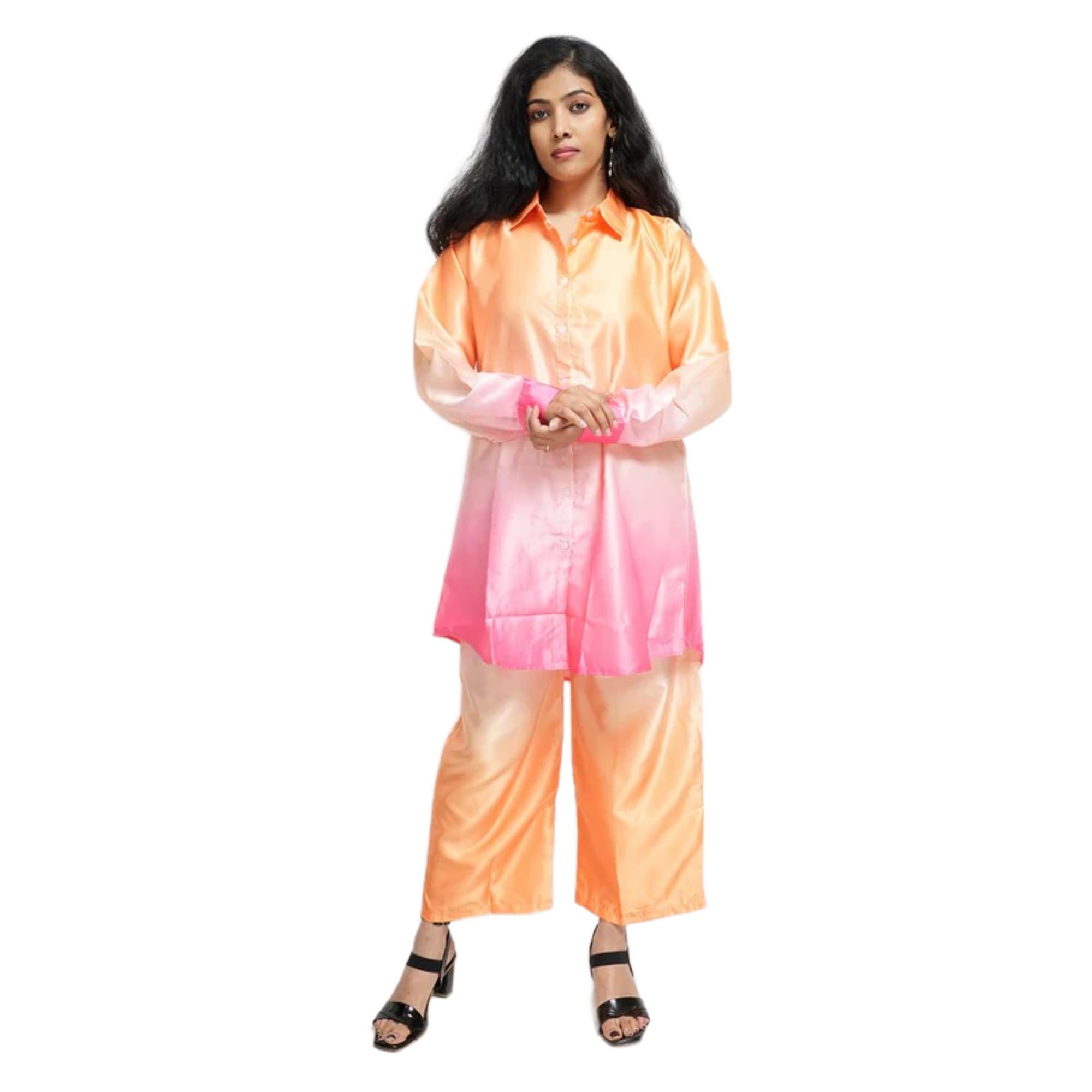 Women's Casual Ombre Satin Shirt and Trousers Set Orange and Pink Casual Wear-picture-13
