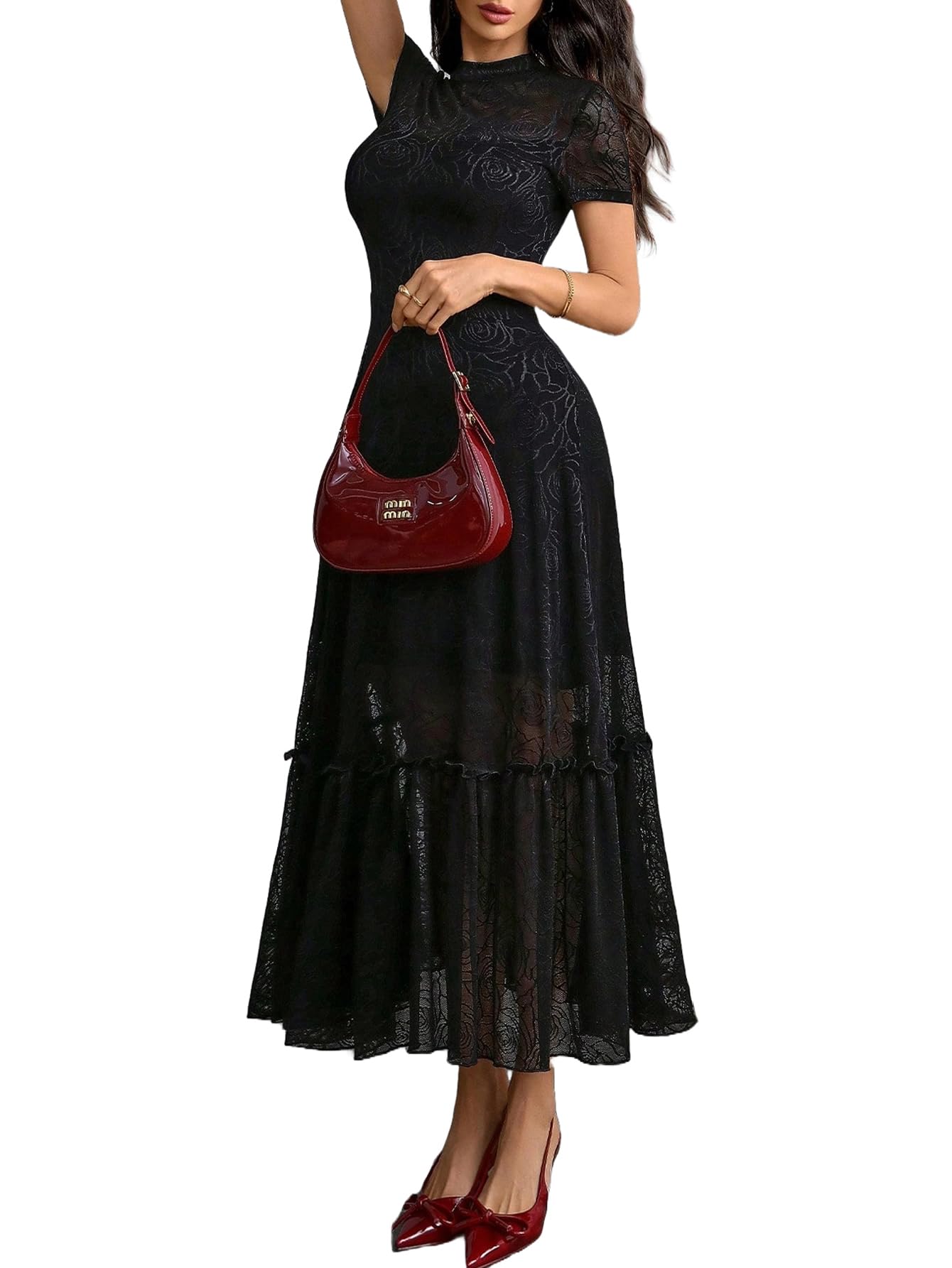 GothDark Womens Elegant Vintage Floral Lace Dress Short Sleeve Double Layer Gothic Midi Wedding Guest Cocktail Dresses