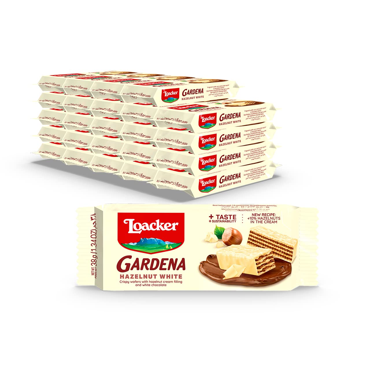 LoackerLoacker Gardena White Hazelnut - Premium White Chocolate Covered Crispy Wafer Snack Bars with Hazelnut Cream Filling - Pack of 25 individually wrapped snacks