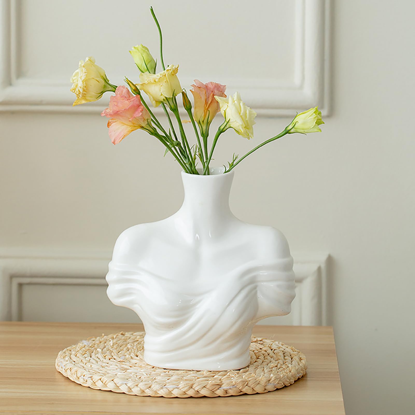 Pcscevcr Female Body Vases, Ladies Artistic Head Half Body Bust Statue Vase, Modern Ceramic Human Sculpture Flower Vase for Home Living Room Office Decor(A)