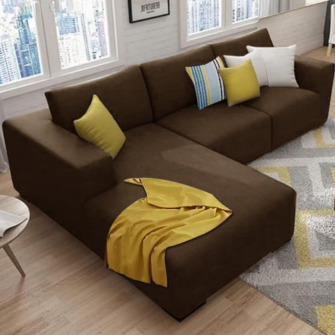 FURNY Minta 4 Seater Fabric LHS L Shape Sofa Set (Brown)-image-38