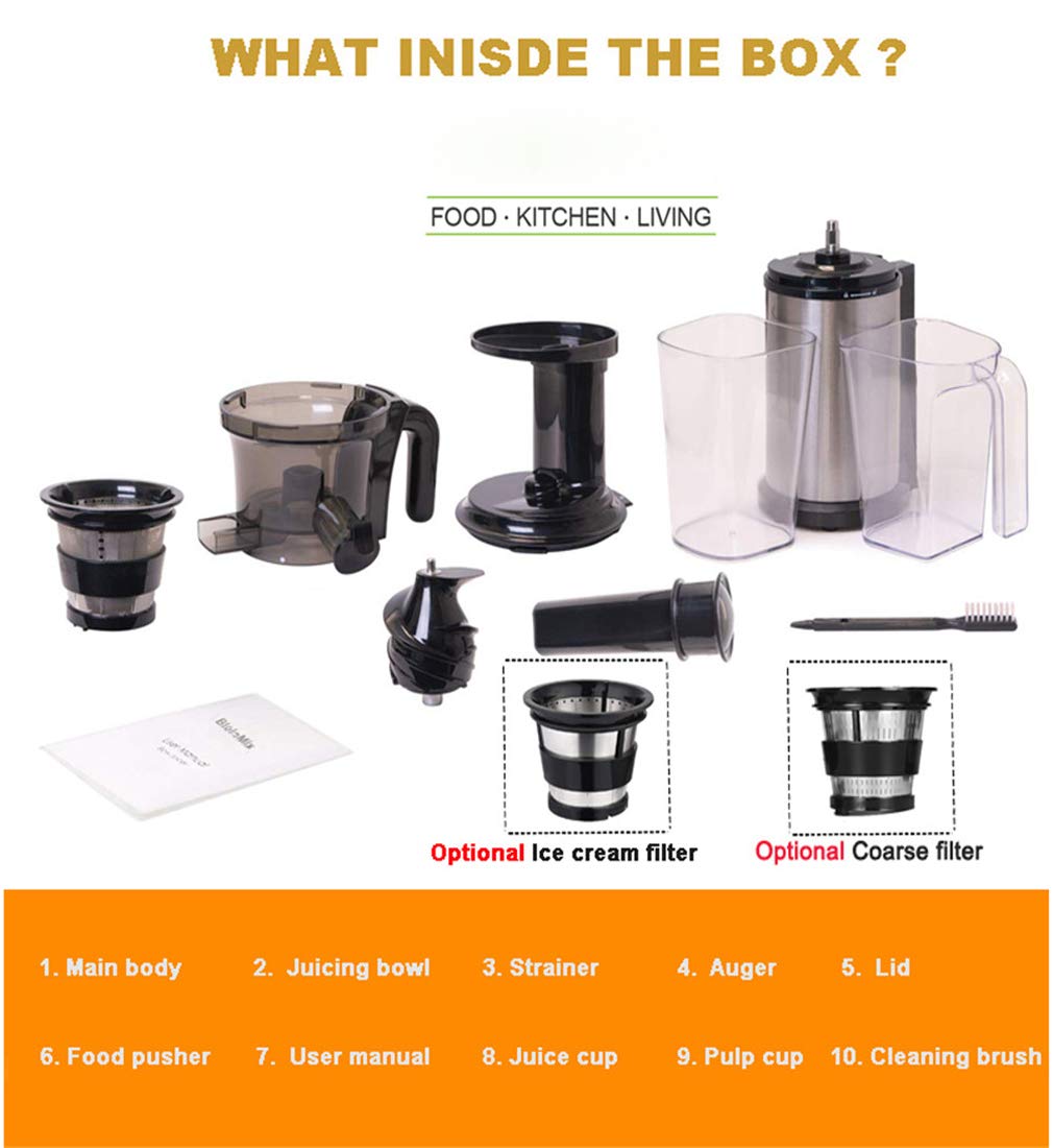 Licuadora Prensado En Frio, Licuadora para Verduras Y Frutas Licuadora Profesional Extractor De Zumos con Función Inversa Motor Silencioso Limpieza Fácil con Cepillo 200W 40RPM