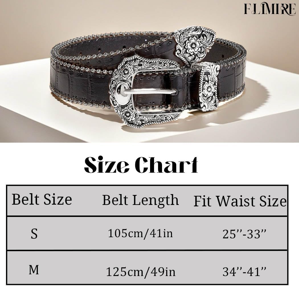 Black Women Western Belt Vintage Country Leather Belt with Engraved Buckle Cowgirl Cowboy Belt for Jeans Pant Dress - Image 5