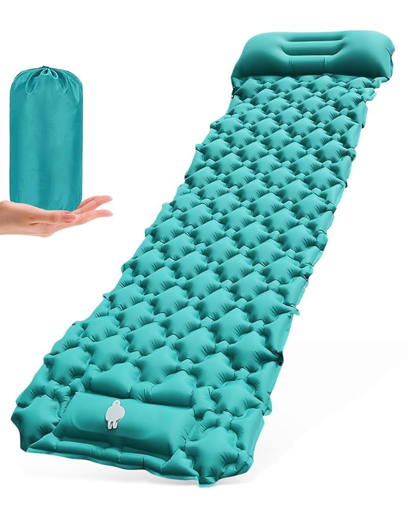 Olutata Inflatable Sleeping Mat with Integrated Foot Pump and Attached Pillow, Portable Lightweight Air Mattress for Camping Hiking Backpacking, Made of Durable 40D Nylon