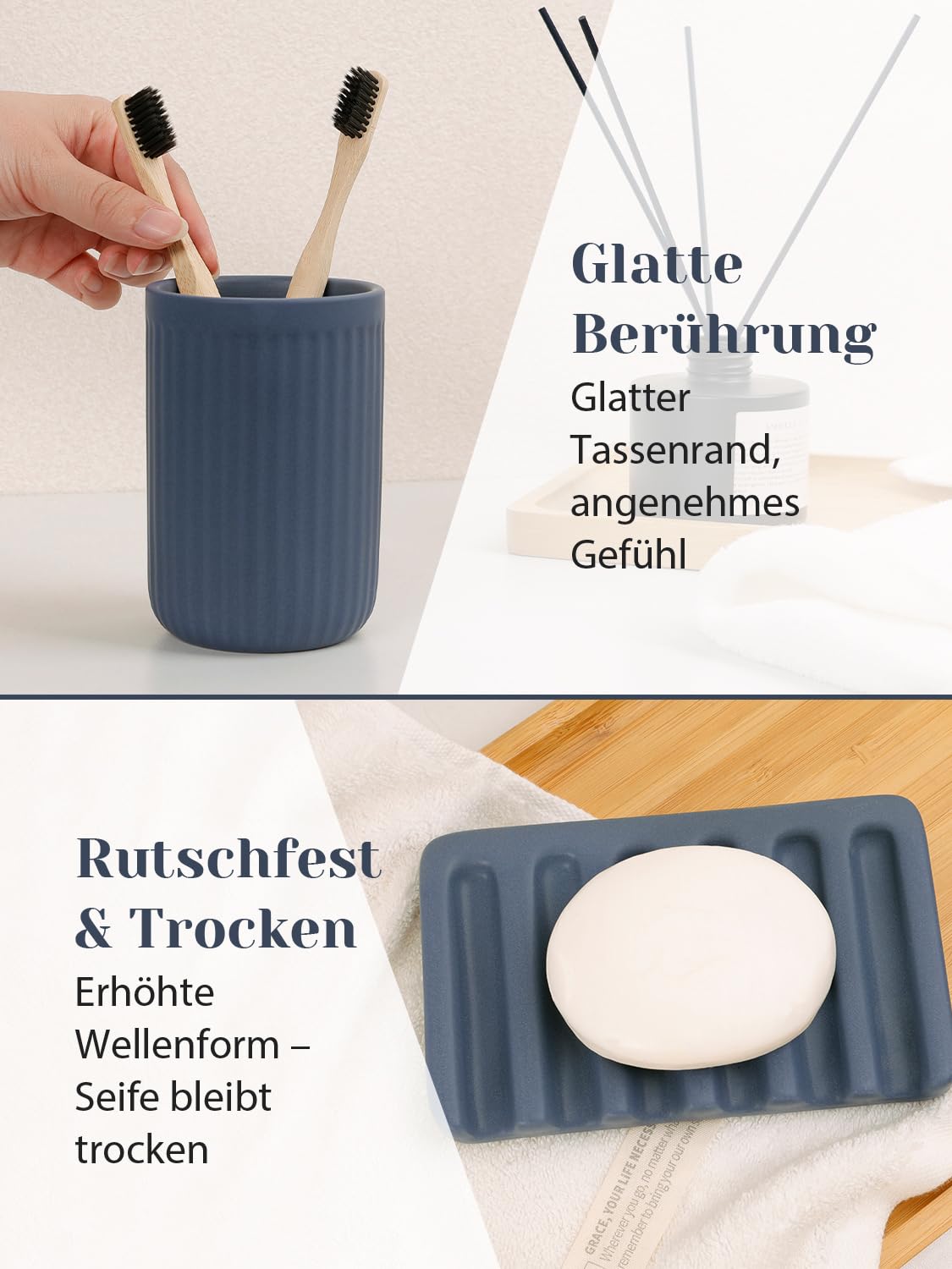 Set de baño azul, 4 piezas de accesorios de baño de cerámica, dispensador de jabón de 350 ml, vaso para cepillos de dientes, jabonera y recipiente para bastoncillos de algodón, set