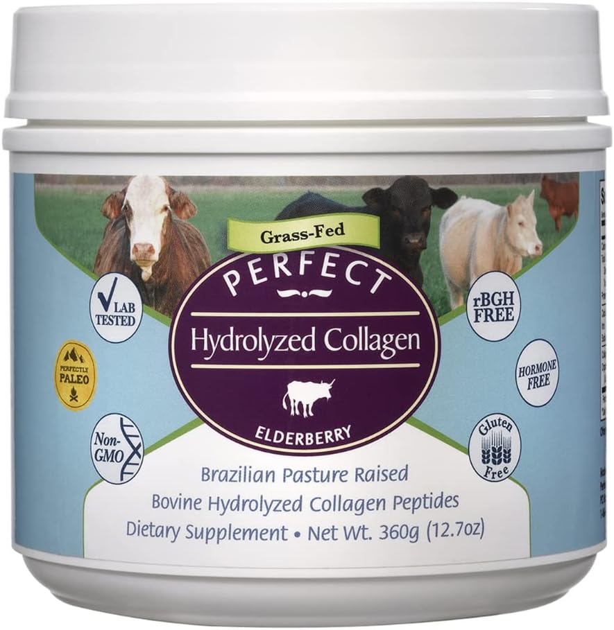 Perfect Supplements - Perfect Hydrolyzed - Baya de saúco de colágeno 12.70oz Péptidos de colágeno hidrolizados bovinos Libre de pesticidas y