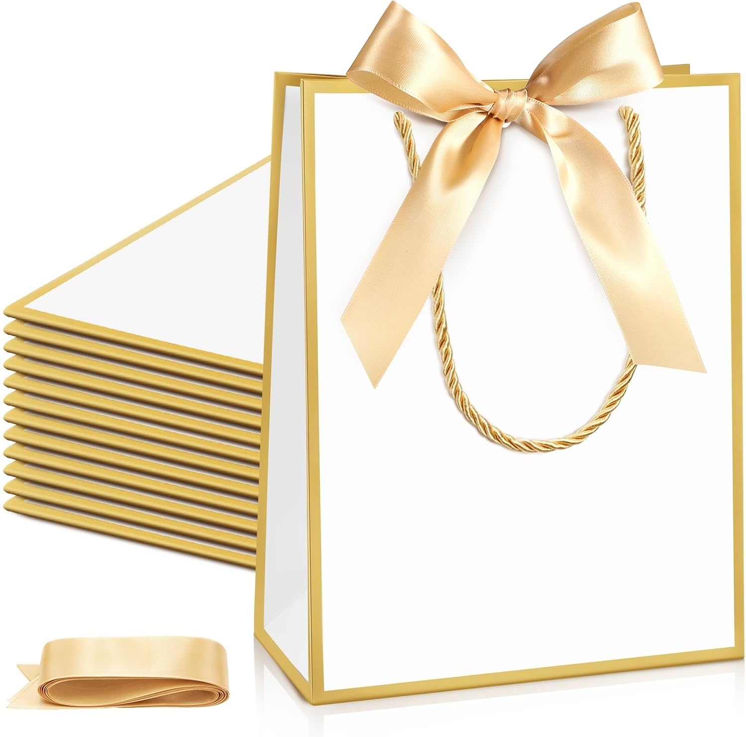 Silkfly Paper Gift Bags with Handle 9x7x3.15'' Thank You Gift Bags with Bow Ribbon for Graduation Appreciation Holiday Wedding Bridal Baby Shower Birthday Party(White, Gold,12 Pcs)