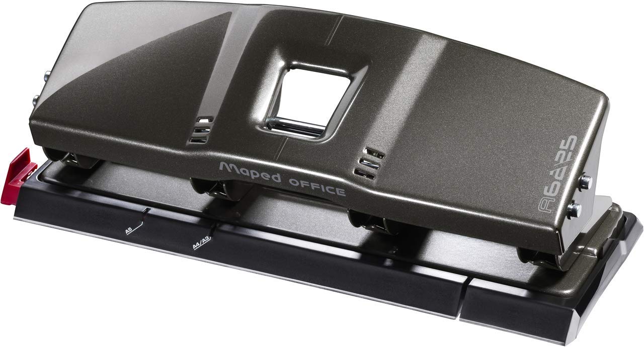 MAPED OFFICE - Perforateur 4 Trous Advanced en Métal - Perforatrice A4 pour 25 à 30 Feuilles - Avec Système de Calage Optimisé, Réserve à Confettis et Patins Anti-Dérapants