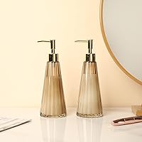 Vista 2 de MyGift 2 Pcs Vintage Soap and Lotion Dispenser Set, Smoked Glass and Brass Liquid Pump Dispenser with Vertical Ribbed Design