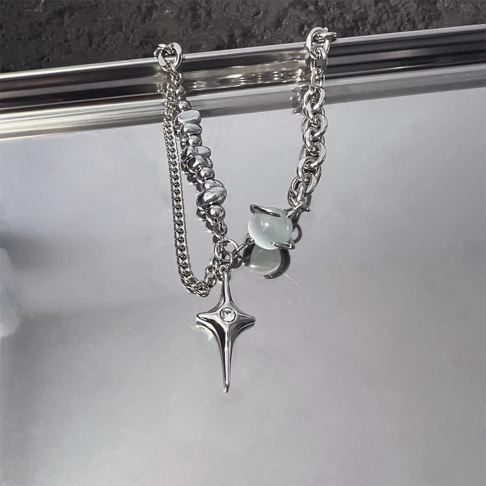 Generico Collana con ciondolo a stella irregolare, collana in acciaio inossidabile con stella argentata e pietra di luna, regalo personalizzato per uomo e donna