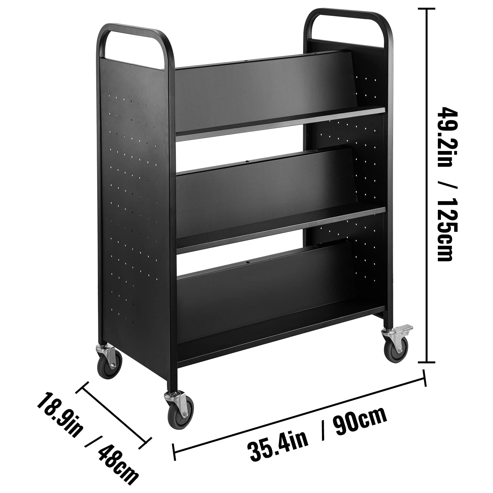 VEVOR Bücherwagen, 90 kg Bibliothekswagen, 125 x 90 x 48 cm Rollender Bücherwagen, doppelseitige, W-förmige, geneigte Regale mit feststellbaren Rädern für Heimregale, Büro, Schule, Bücherwagen