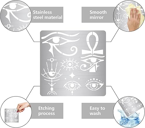 Miniatura 5 de GORGECRAFT Plantilla de metal de ojos malvados de 6.3 pulgadas, símbolo egipcio, plantilla de quema de madera, plantillas de jeroglíficos