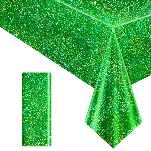 Image of Just Shimmer 1 Pack Green Holographic Tablecloth 40 x 108, Iridescent Shiny Plastic Rectangle Table Cover for Birthday, St. Patrick's Day, Christmas, Jungle Safari and Baby Shower Party Decorations
