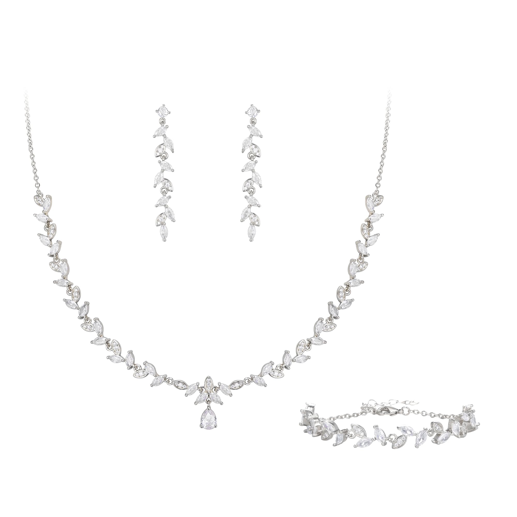 Clearine Hochzeit Schmuck Set für Braut Brautjungfer, Marquise Cubic Zirkonia Blatt Cluster Anhänger Halskette durchbohrt Dnagle Ohrringe Set