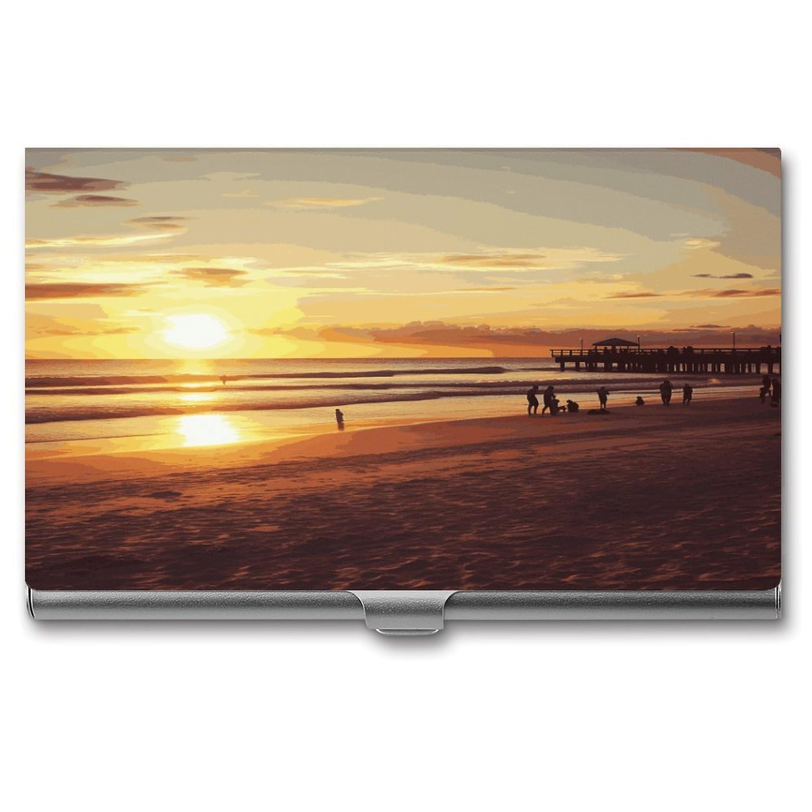 LDGSUPH Sunset Beach Business Card Holder Fashion Slim Name Card Holder Minimalist Design Case Metal Card Carrier Personalized Business Card Case with Flip for Men Women
