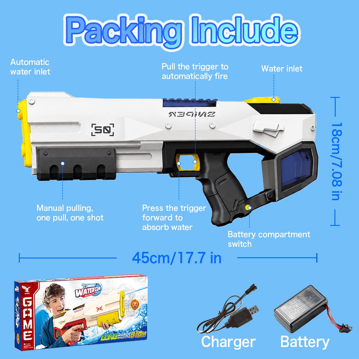 Pistola ad acqua elettrica, pistola ad acqua elettrica automatica per bambini e adulti, 2 modalità di registrazione, capacità 450 cc, giocattolo estivo per piscina, feste in spiaggia