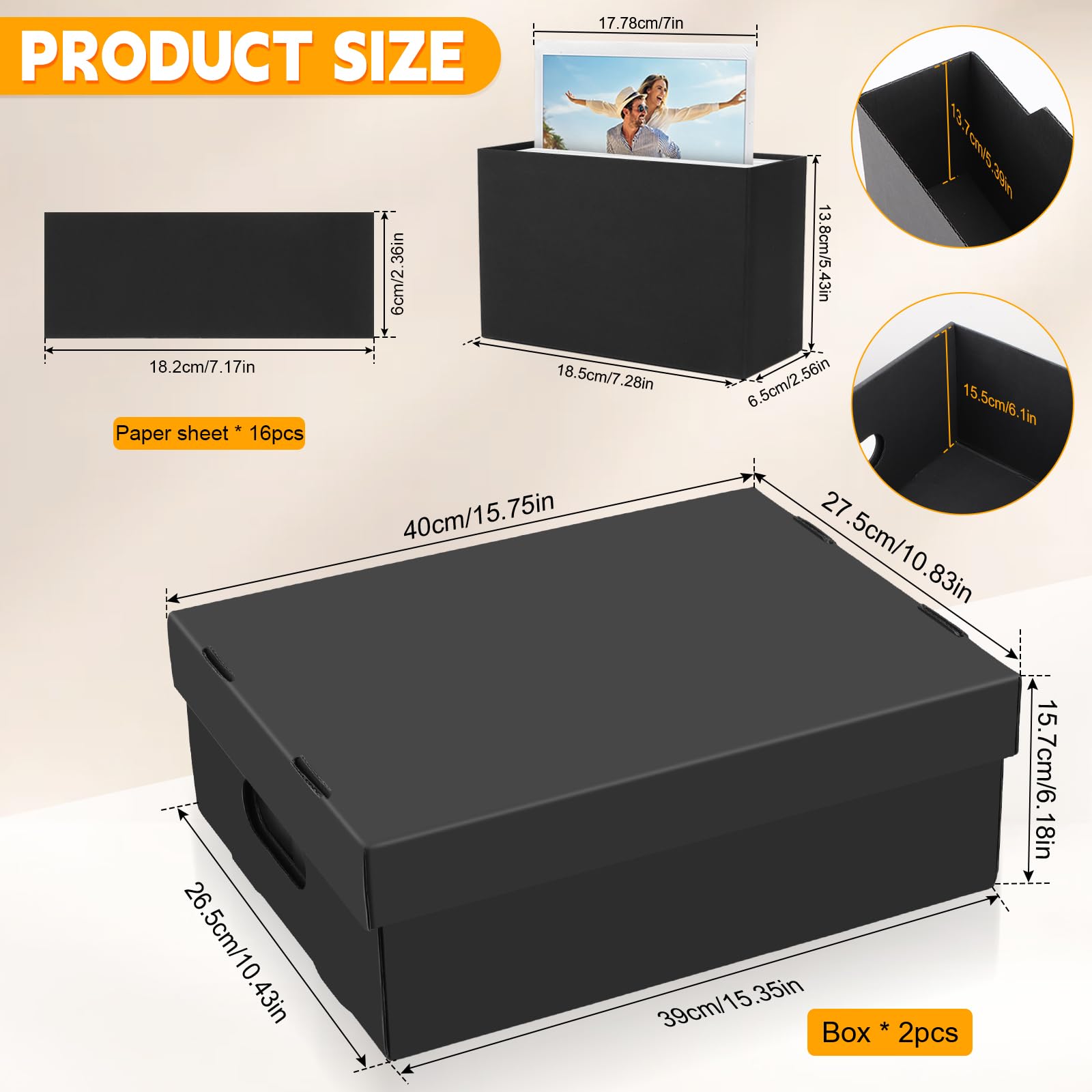 Lot de 2 Boîtes de Rangement pour Photos de 13 x 18 cm - 8 Boîtes Intérieures - Album photo - Organiseur de Photos en Carton avec Couvercle pour Artisanat, Photos, Scrapbooking- Noir