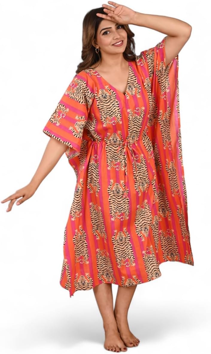 Women Calf Length Kaftan,Cruise,Beach wear,Maxi Dress, Kaftan Dress, Long Top Caftan, Kimono Robe Multi, Orange