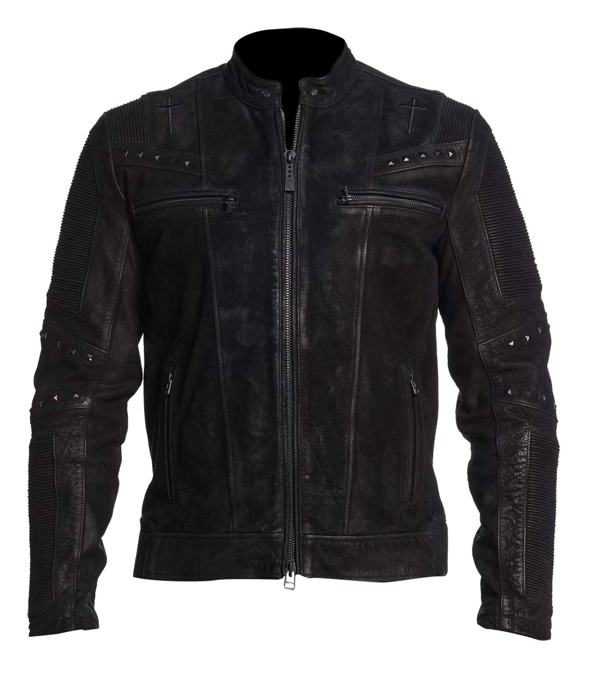 Fashion_First Mens Cafe Racer Vintage Black Spiked Leather Jacket Mens Rider Metal Waxed Leather Jacket Black Studded Jacket