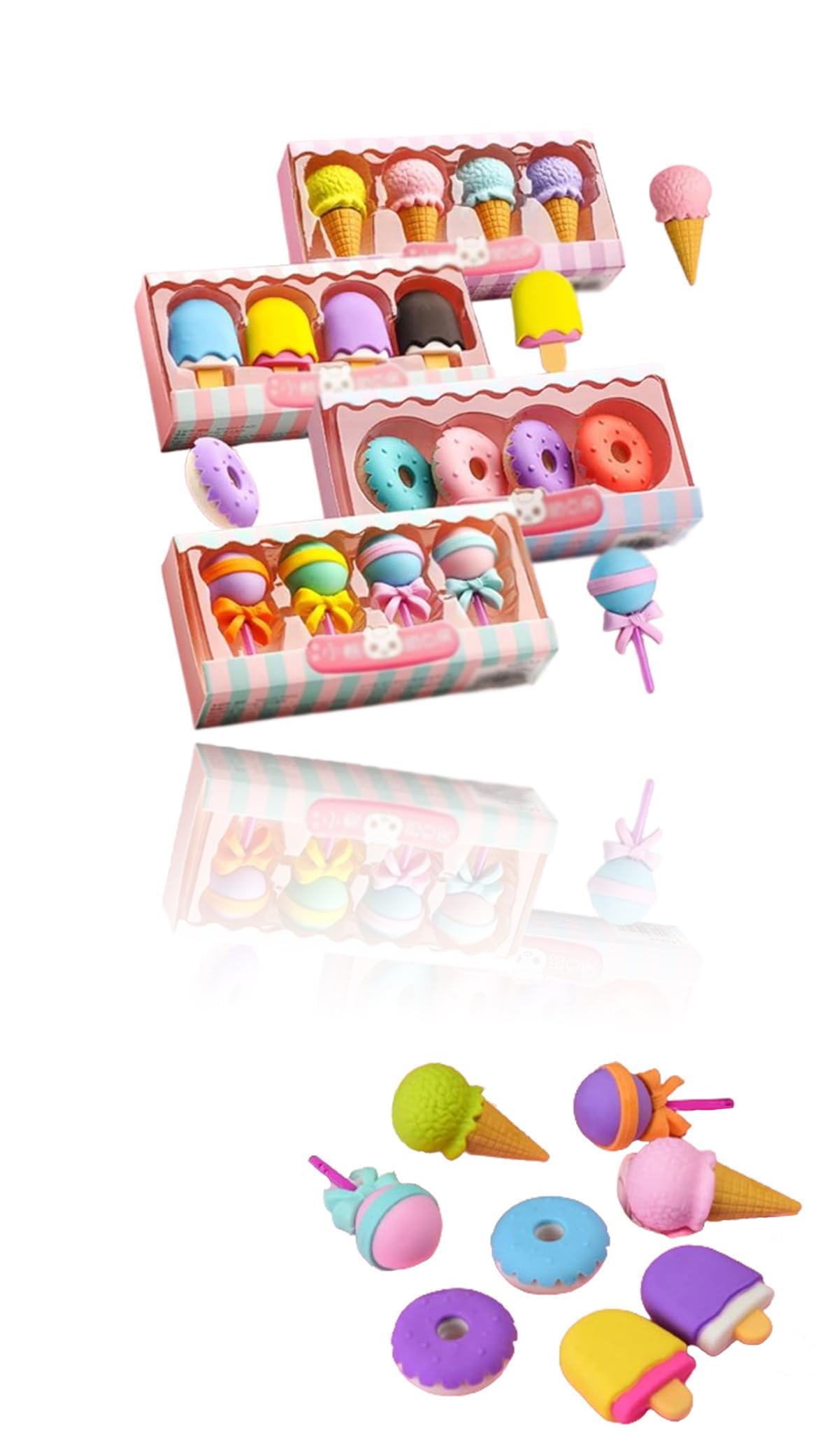 16-Piece Set of 3D Cute Mini Ice Cream Donut Take Apart Erasers - Fun and Cool Puzzle Desk Pet Erasers for Girls