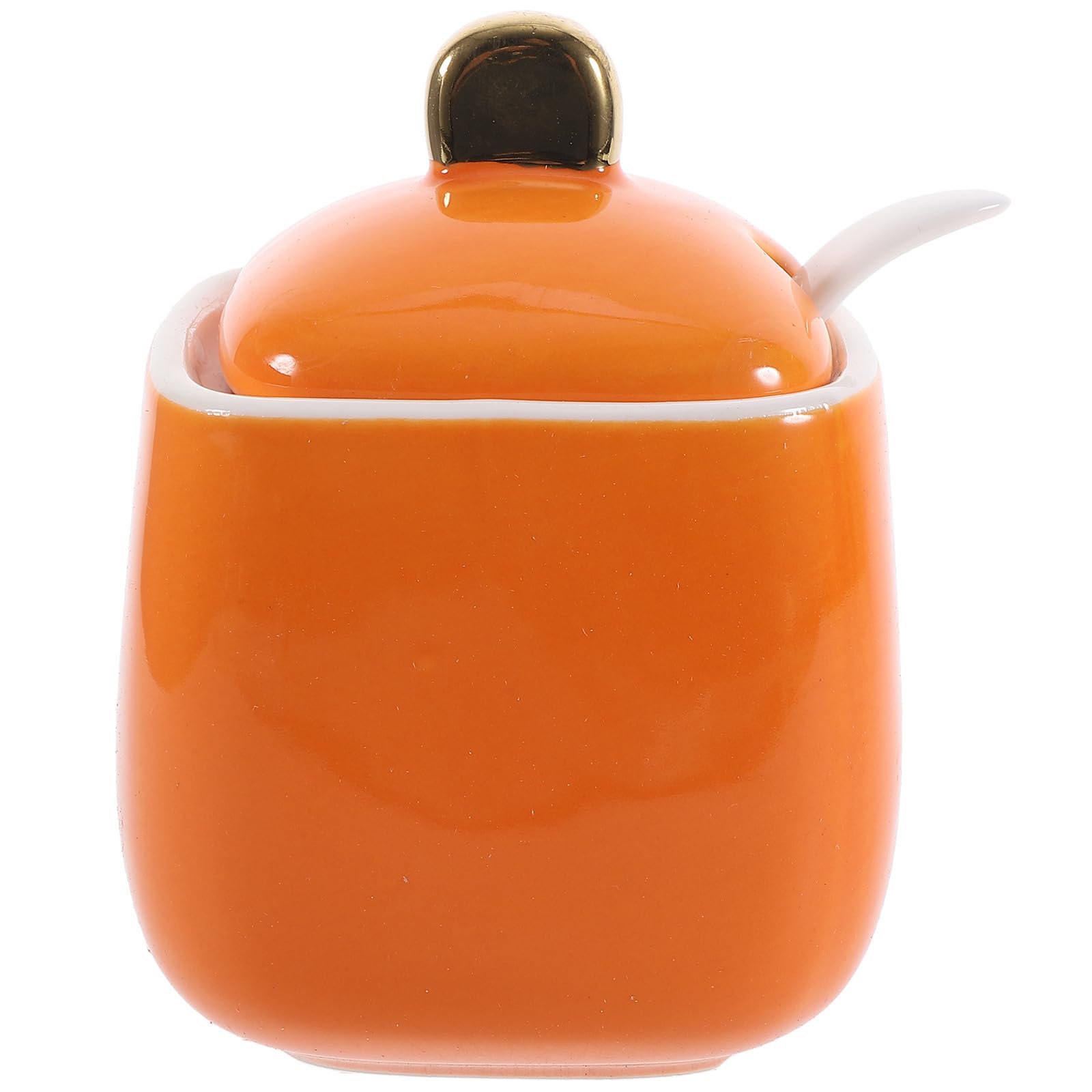 Tarro de cerámica naranja para condimentos con tapa y cuchara, ideal para organizar tu cocina