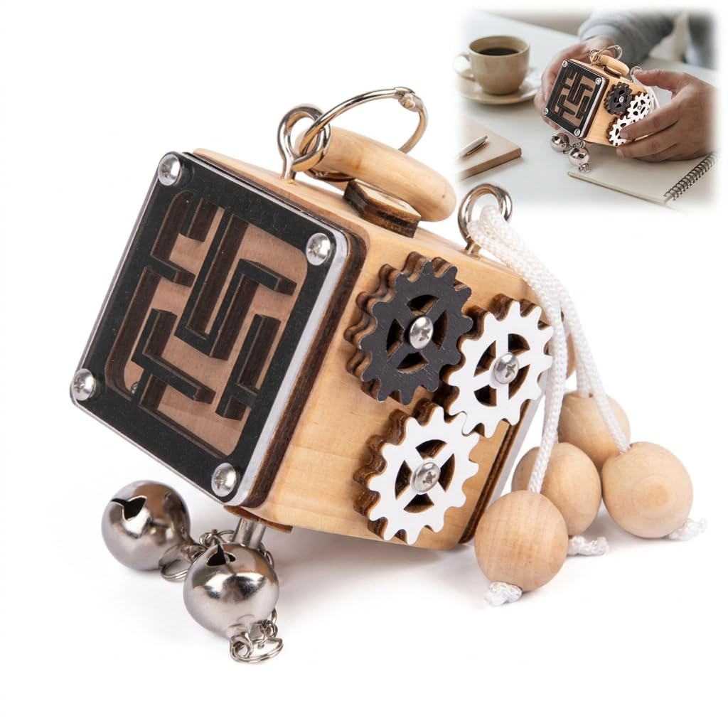 Montessori Wooden Busy Cube for Learning, Portable Educational Skill Board with Interactive Latches and Switches 6-In-1 Multifunctional Fidget Activity Cube(Bell)