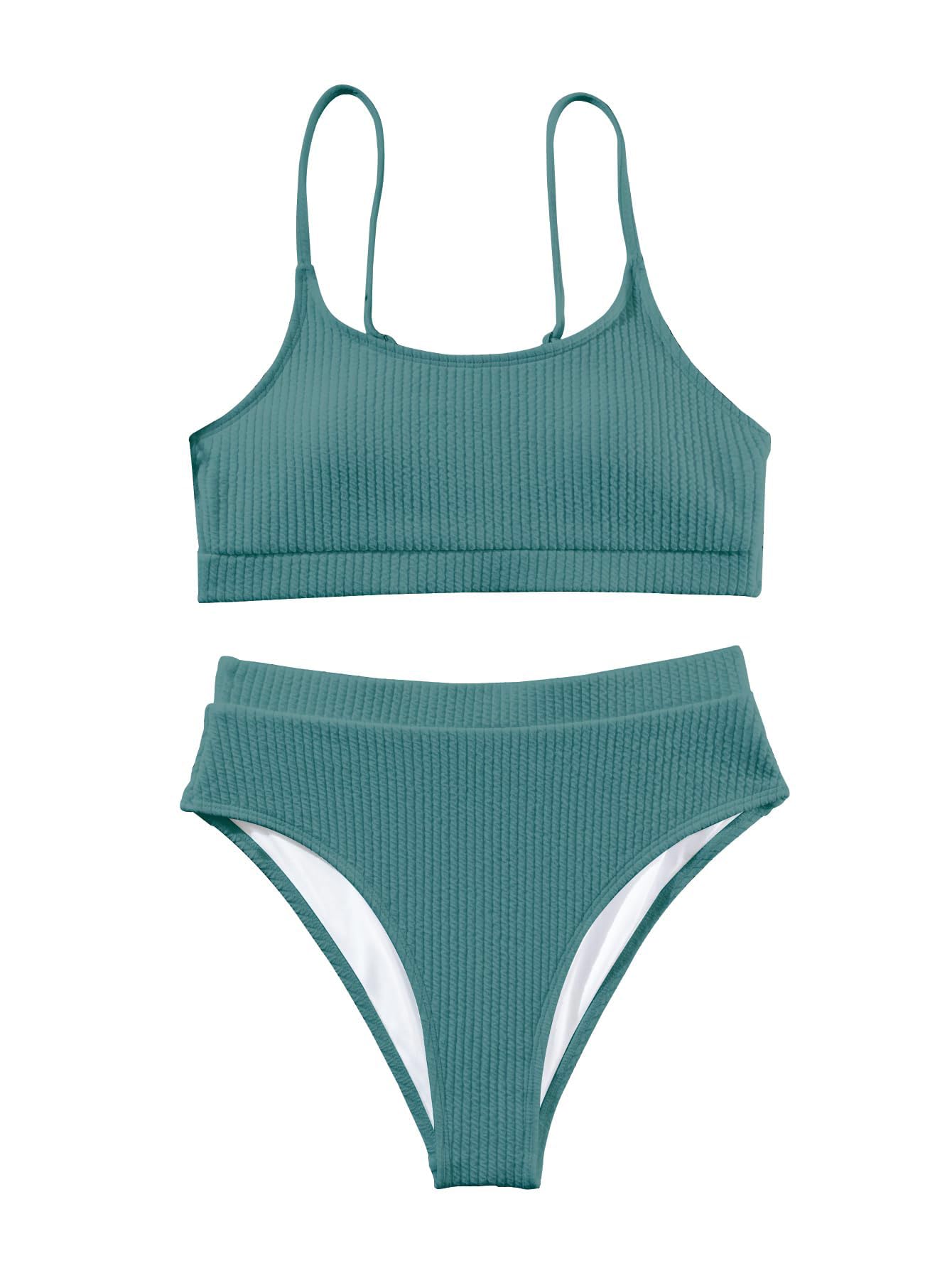 Lilosy Maillot de bain brésilien taille haute avec effet gainant et haut court côtelé 2 pièces, turquoise, Taille L