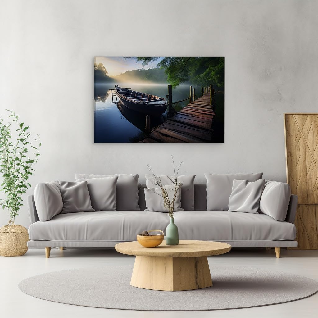 Canvas for Living room. Misty Morning Serenity: Embark on a Voyage Across a Peaceful Lake, 27 x 18 inch Canvas Wall Art - Contemporary Masterpieces - Modern Home Decor