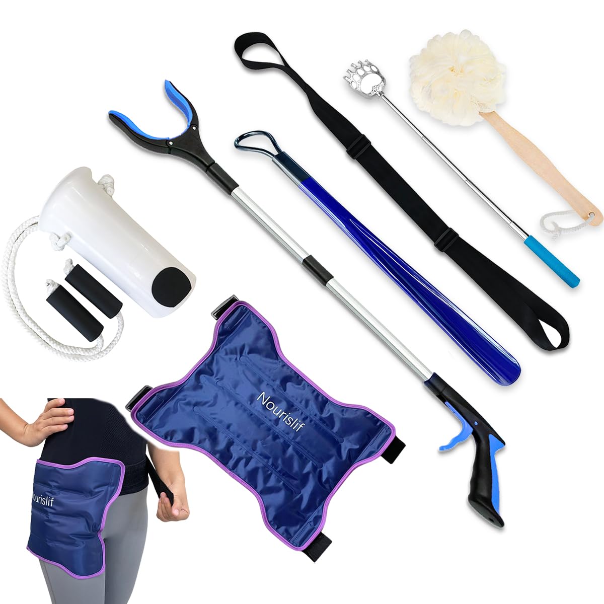 7pcs Hip Kit - Hip Kit for Seniors Total Hip Replacement Prime, Hip Replacement Kit After Surgery,Hip Kits with Hip Ice Pack,Grabber,Sock Aid,Leg Lifter,Shoehorn,Back Scratcher,Bath Loofah