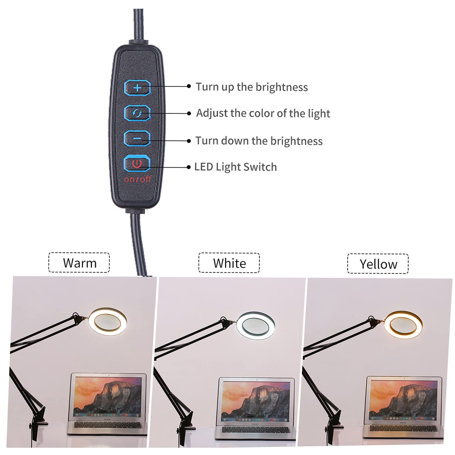 Lámpara de Aumento LED Ampliación 5X, Lámpara de Lupa con Luz,3 Modos de Color 10 Niveles Regulables, Alimentación USB,Lámpara de Brazo Giratorio Ajustable con Clip