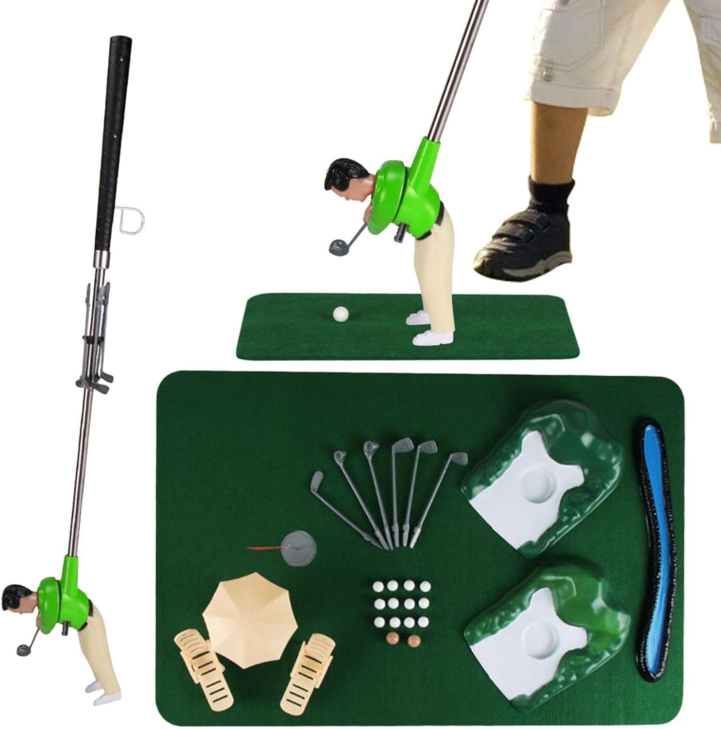 Mini Golf Game Set, Funny Tiny Golfer Game Set, Mini Golfing Man Golf Training Toys For Kids/Adult Play Indoor Games (Green)