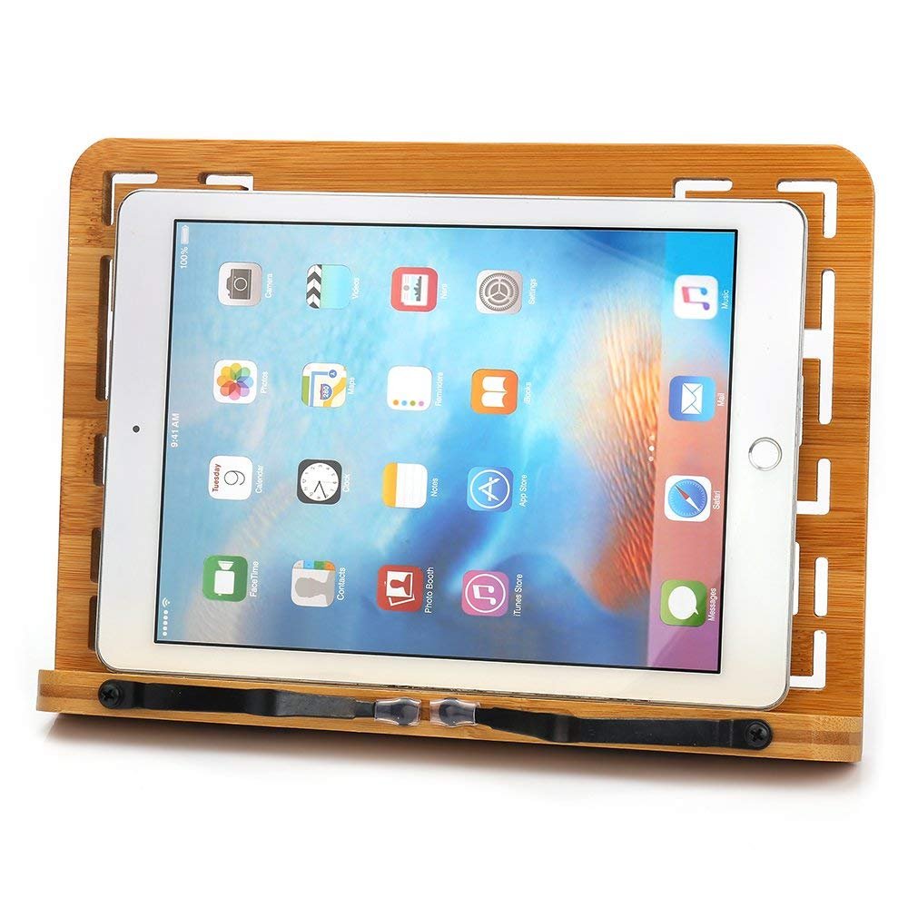 Chiloskit Support portable réglable en bambou pour livre de cuisine, bureau de lecture, support robuste et léger, support de livres, livres de musique, tablettes (creux (28,4 x 21,1 cm