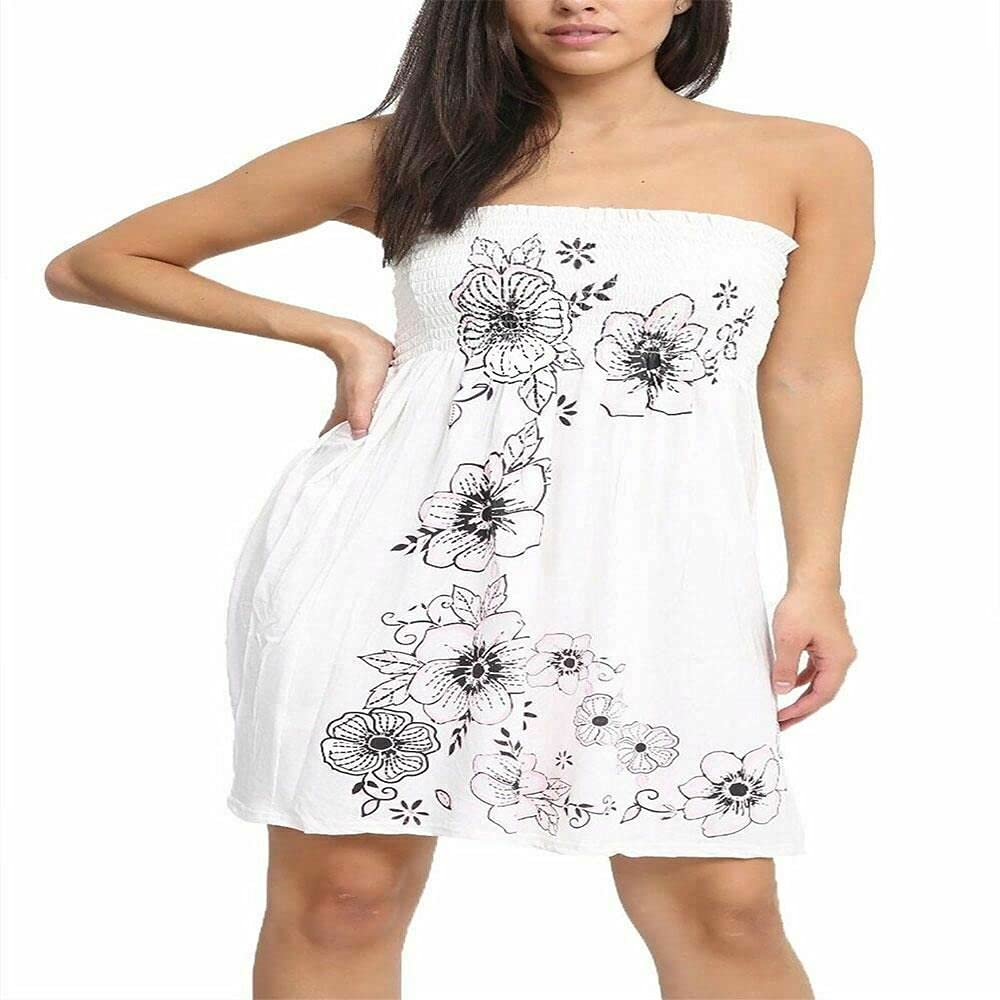 Women’s Strapless Printed Bandeau Top Sheering Ruched Boob Tube Vest Sleeveless Gathered Mini Dress Summer Beachwear - Cream - UK 20-22
