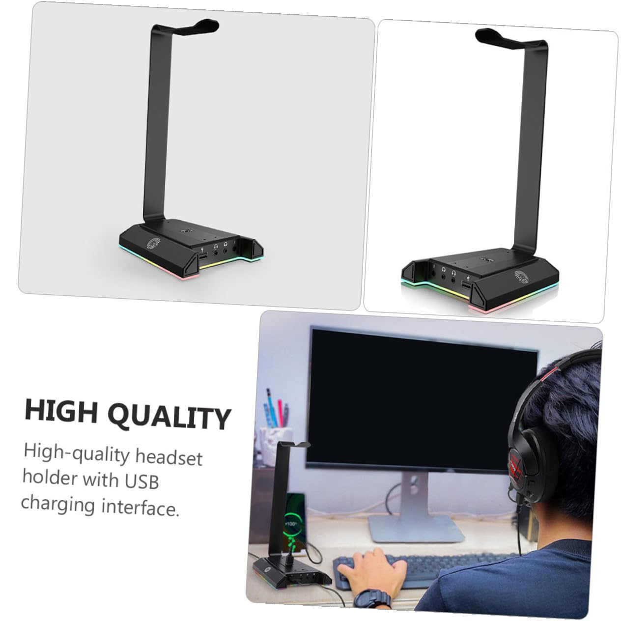 Supporto Cuffie da Gioco Rgb Porta USB in Abs Nero | Base da Tavolo Antiscivolo, Trasmissione Intelligente, per Mouse e Telefono