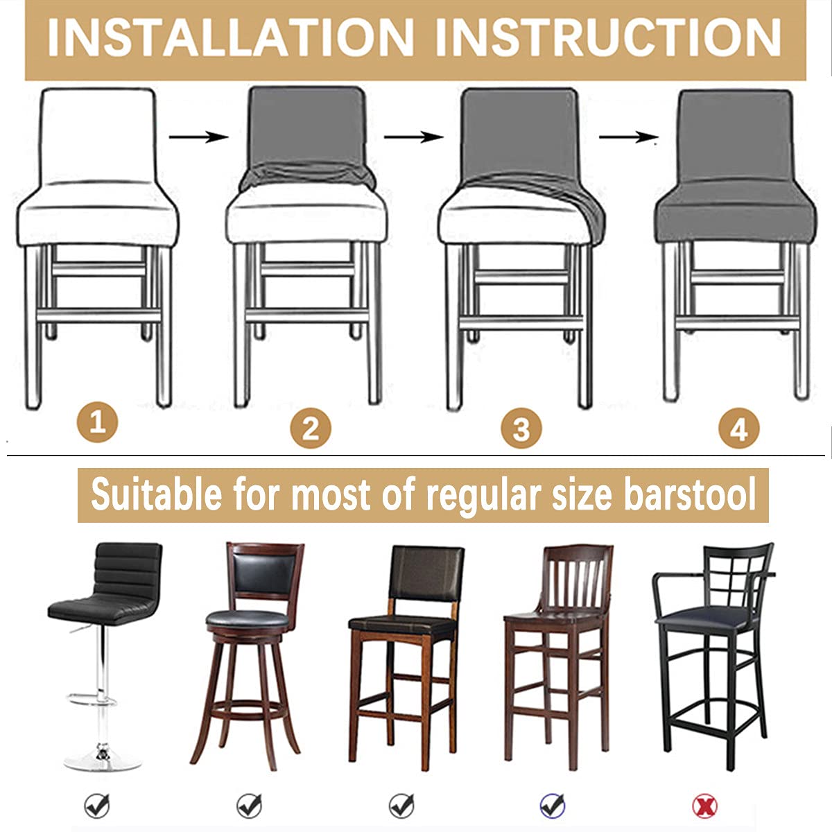 Dimatic Lot de 4 housses de chaise en velours et peluche - Pour comptoir, pub, bar - Pour salle à manger, café, bar - Protection de meubles - Antidérapantes - Avec fond élastique - Doré