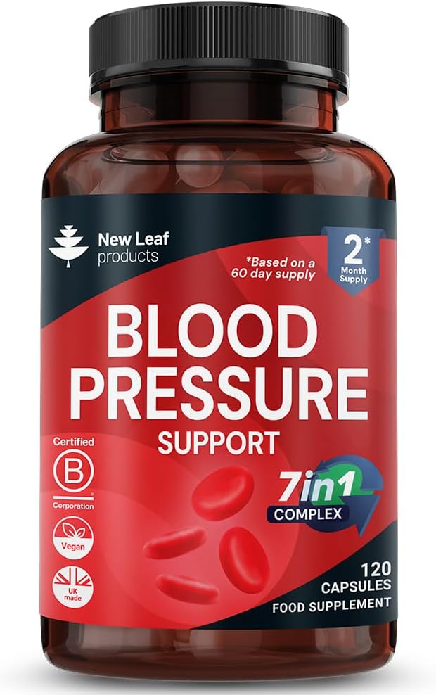 Blood Pressure 7-in-1 Supplement – 120 Vegan Capsules, 2 Months Supply – Heart Health Potassium and Magnesium Supplement with COQ10 and Garlic Extract – Made in the UK by New Leaf