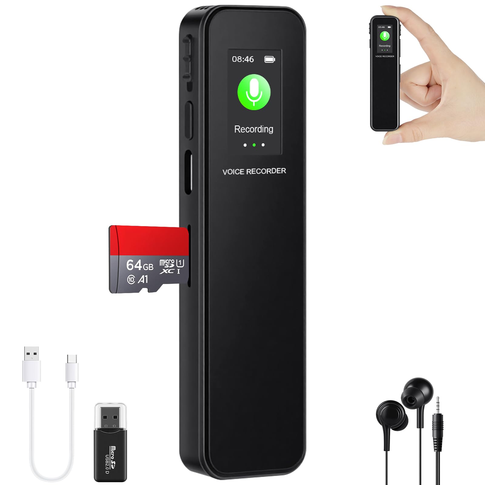 Ainiv 64GB Digital Voice Recorder, Portable Recording Device with HD Audio, DSP Intelligent Noise Reduction, Voice Recorder Transfer File to Computer for Meetings, Lectures, Class, Interview(Black)