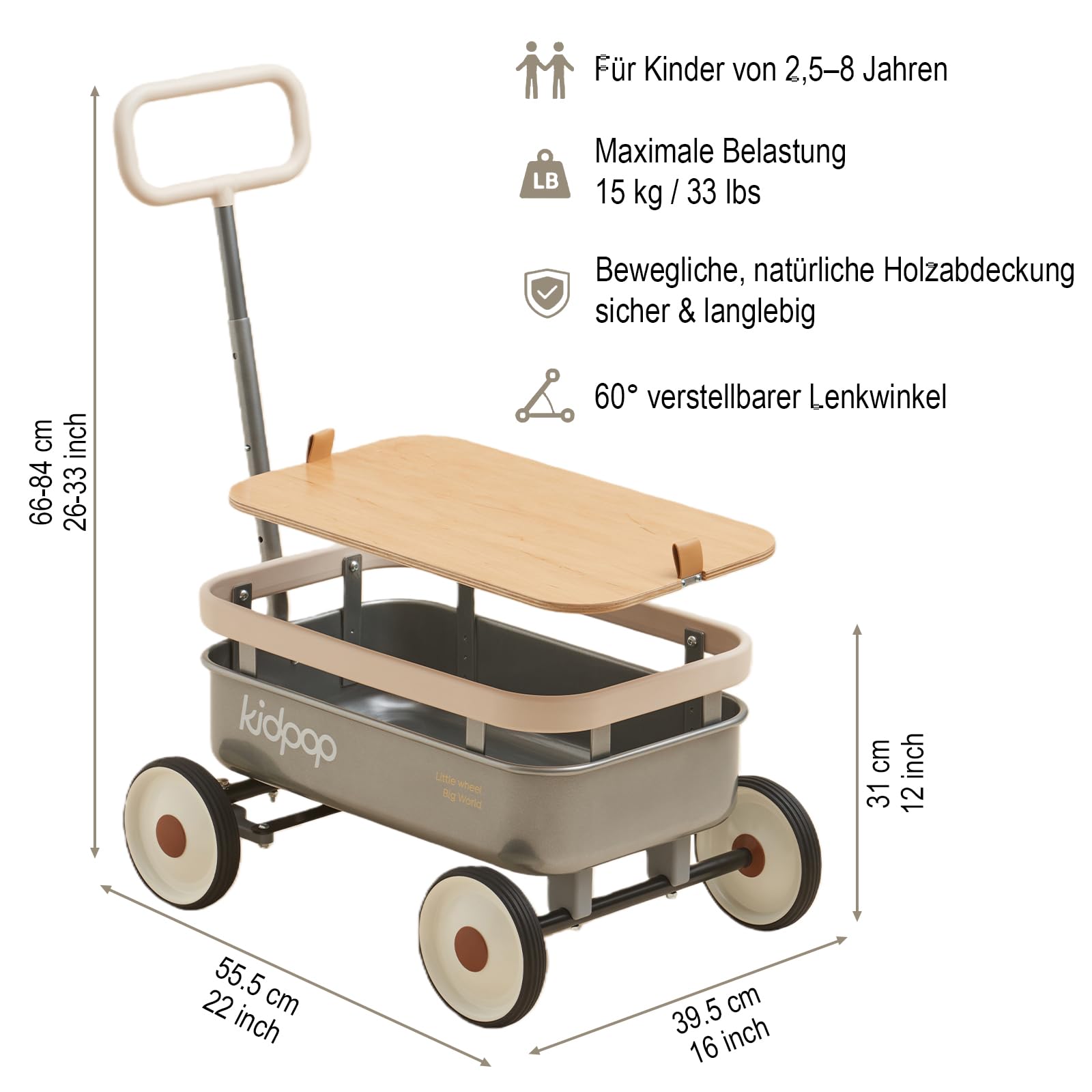 kidpop PULA-Wild 3-in-1 Kinder-Handwagen 2,5-8 Jahre, abnehmbare Holzabdeckung und Verstellbarer Lenker, Geburtstagsgeschenke Max. Gewicht 16 Kg，Grau