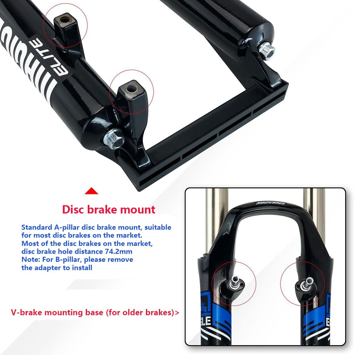 Widelec rowerowy 26 cali 100 mm amortyzator rower górski widelec przedni 1 1/8 rura prosta stop aluminium mechaniczny szybkomocujący 9 mm hamulec tarczowy/hamulec V (biały niebieski)