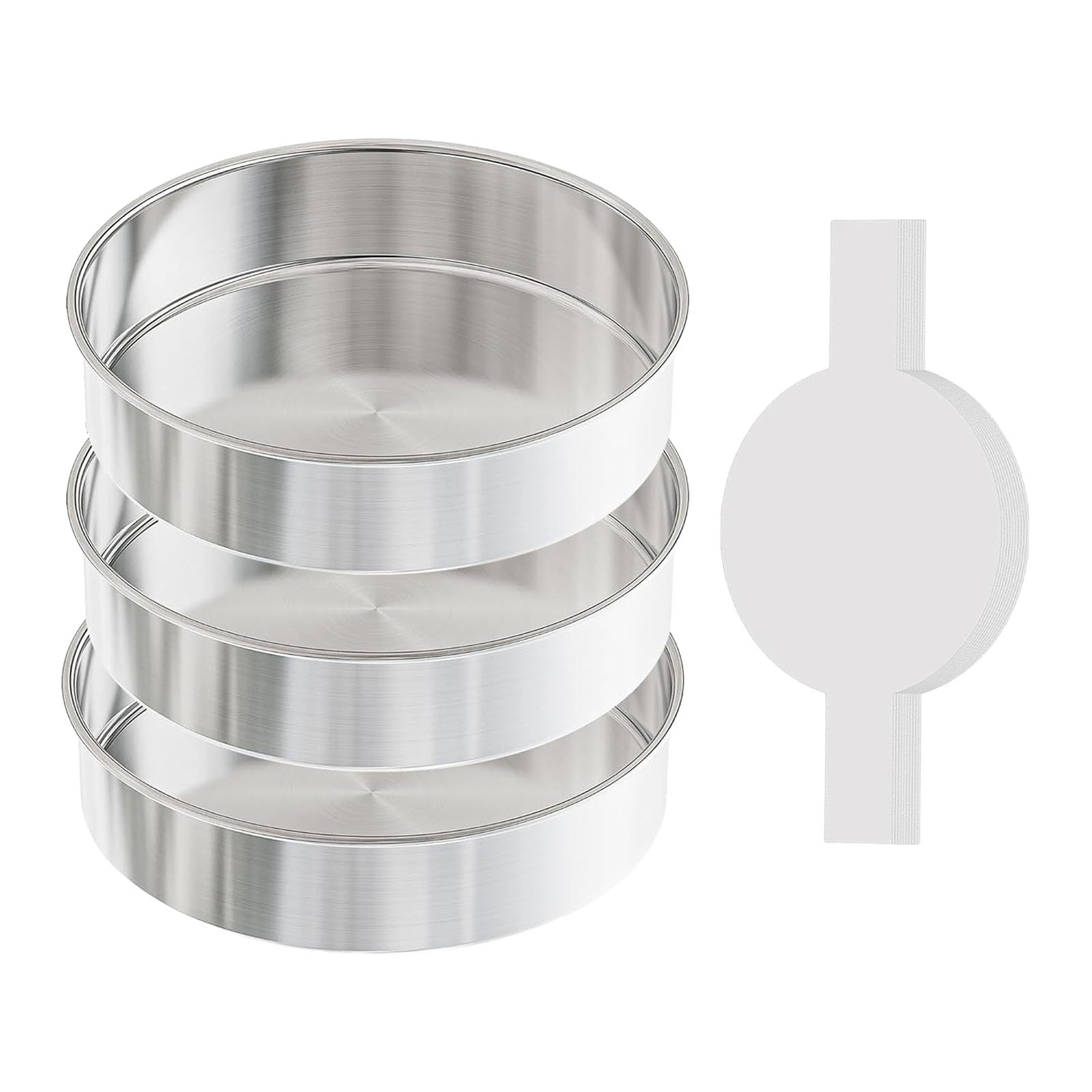 Lot de 3 moules à gâteau en acier inoxydable de 20,3 cm - Qualité commerciale - Avec 100 feuilles de parchemin prédécoupées pour un démoulage facile - Moule à pâtisserie antirouille pratique