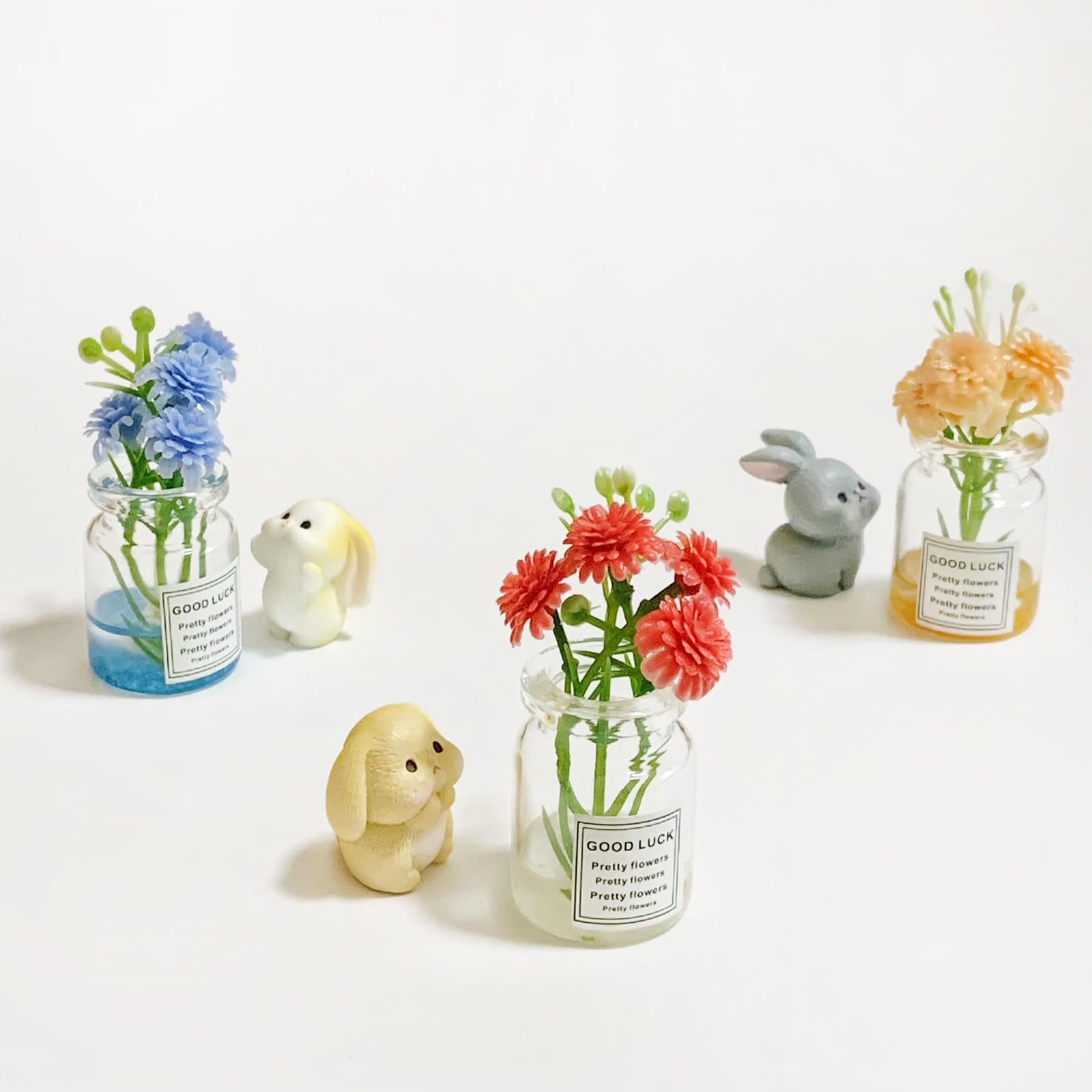 Car Dashboard Decor Cute Bunny Figurines with Flower Vases, 6PCS Mini Rabbit Resin Car Interior Accessories for Women, Aesthetic Car Decorations Gift