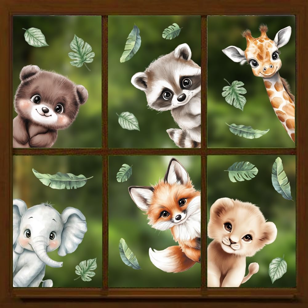Peacoblue Window Static Clings Stickers Decal 7.9"x11.8",6 Sheets with 21PCS Jungle Animal Patterns Decorative Removable Window Sticker Cling Film