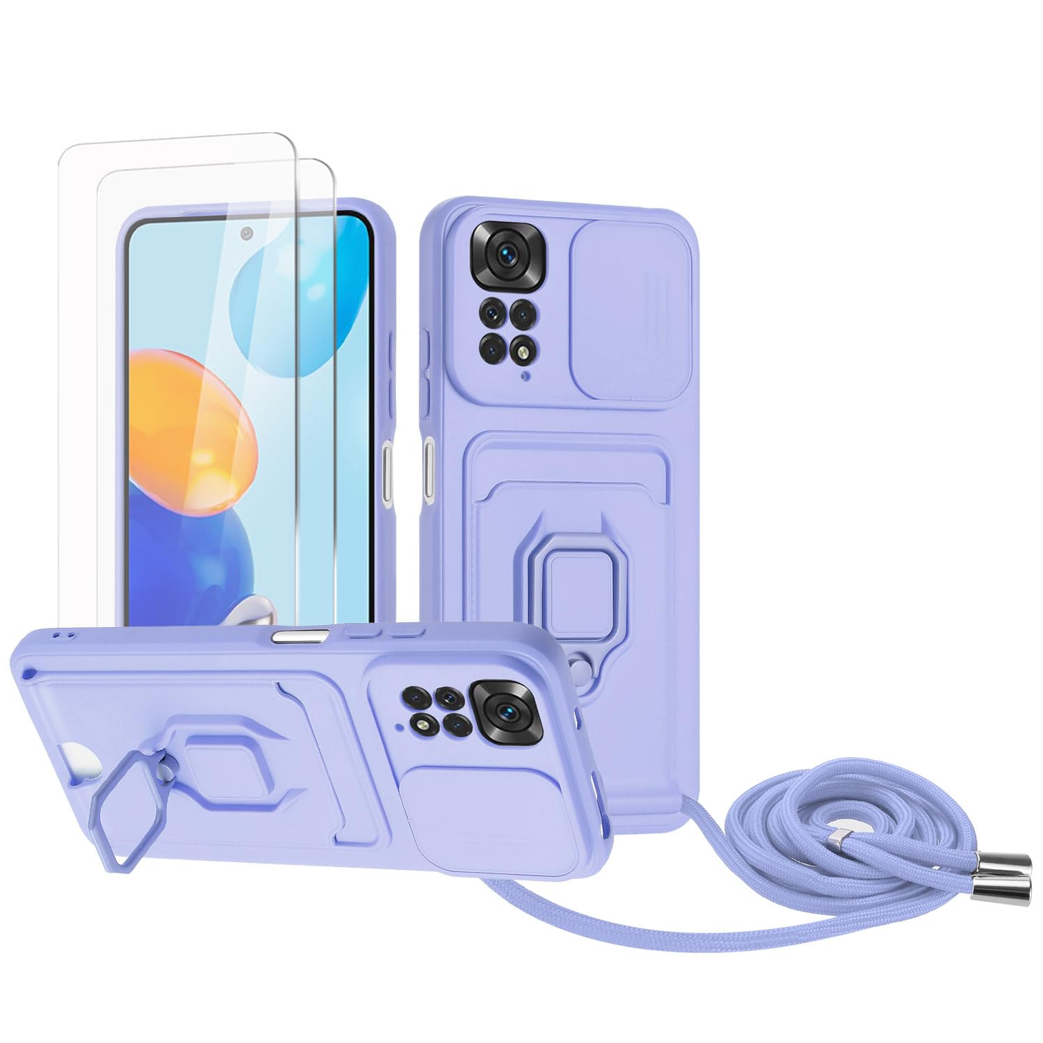 Zallagre Funda con Cuerda Compatible con Redmi Note 13 Pro 5G,[2 Packs Cristal Templado],Ranura para Tarjetas,Cubierta de Cámara Deslizante Proteger,360 Anillo Soporte-Morado — view 35