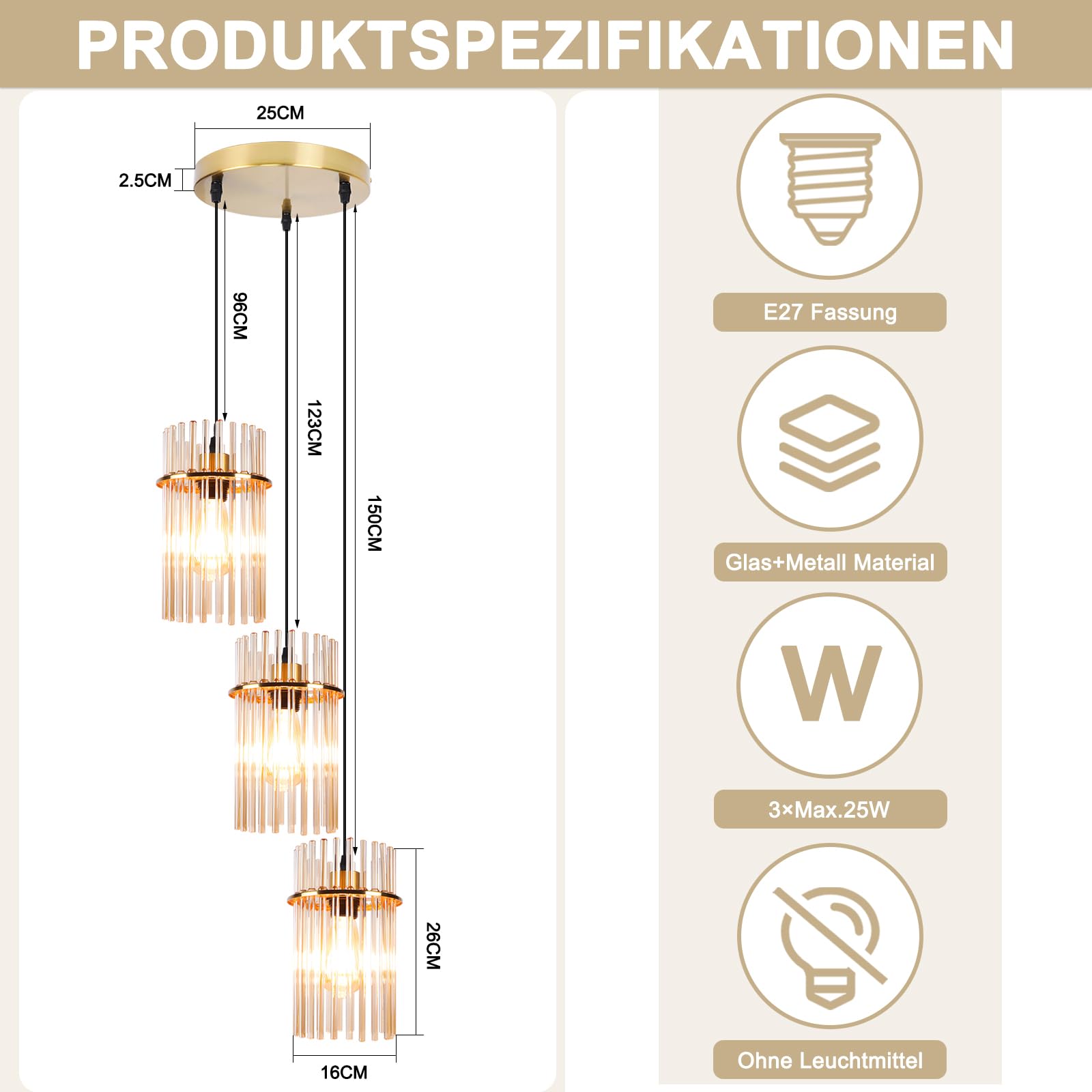 Pendelleuchte 3 Flammig Hängelampe Esstisch - Hängeleuchte Glas Rund E27 Pendellampe Gold für Esszimmer Küche Wohnzimmer Cafe Bar (ohne Leuchtmittel)