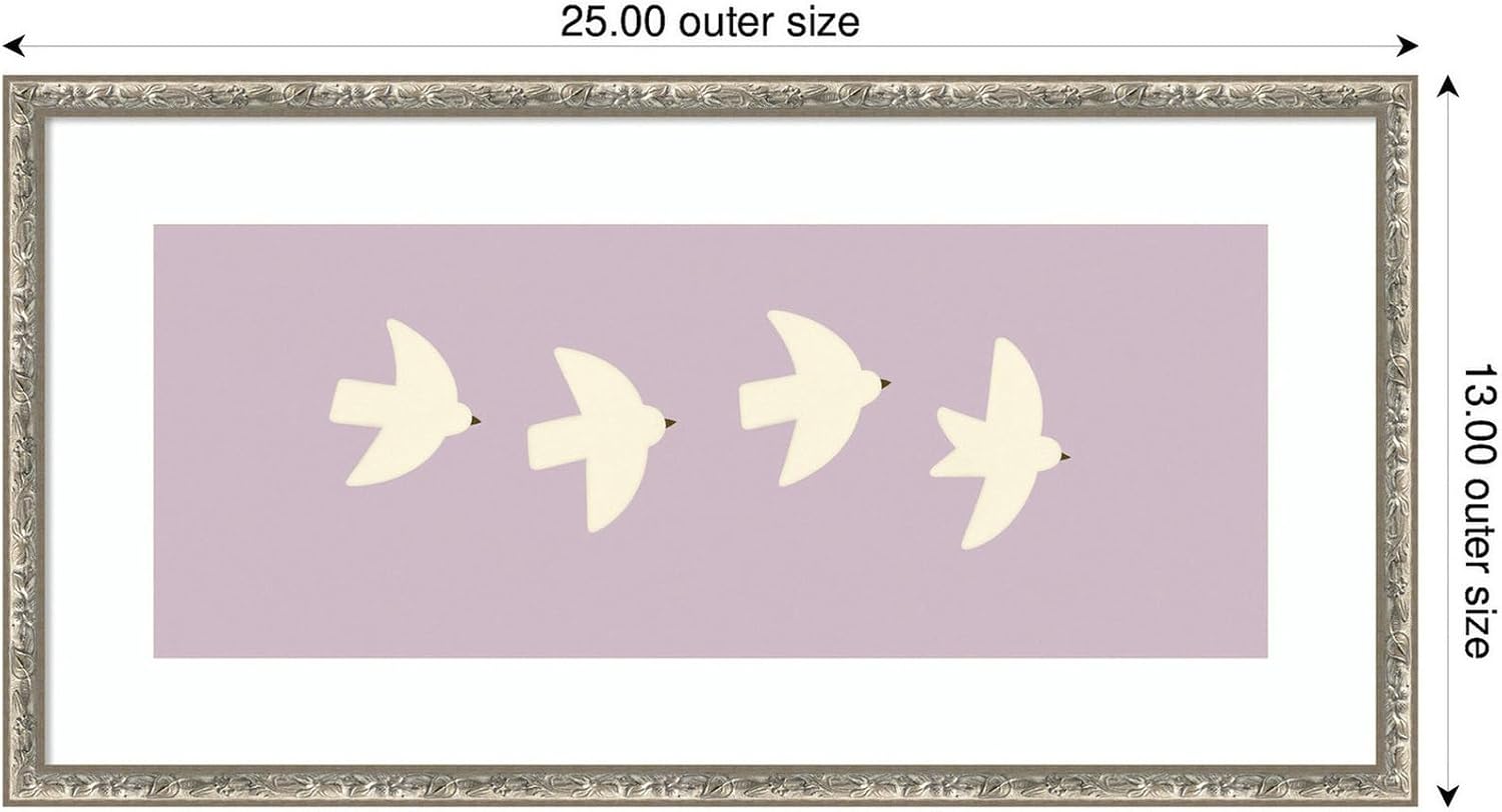 Kate and Laurel Framed Wall Art Print Minimalist Birds Panel 3 Light Purple by Laura Moss, 25 x 13, Belvedere Silver Frame, Modern Contemporary, Animal Art for Wall Decor