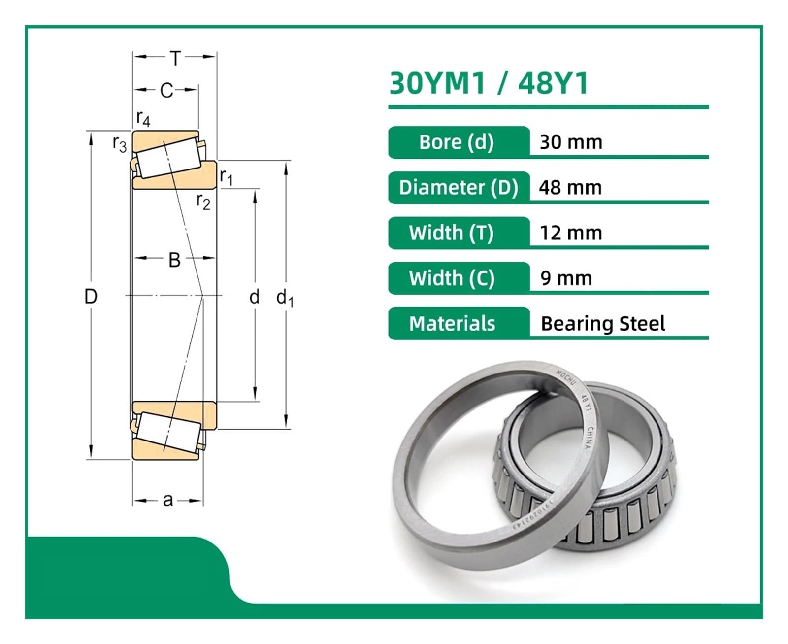 Roulement à Rouleaux Coniques 30YM1 48Y1 30X48X12 30YM1/48Y1 48KS-30Y, 1 pièce, cône + coupelle