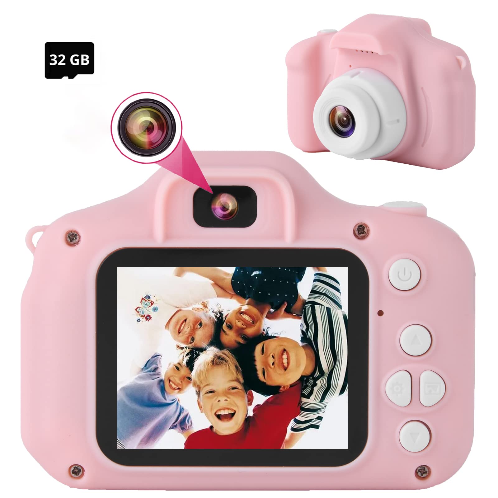 SVZIXChildren's Digital Camera, Mini Dual Camera Rechargeable Children's Camera Gift, Aged 3 to 9 Years Old, 8 Million high-Definition Video 2-inch Outdoor Game Screen,32GB Card/Pink